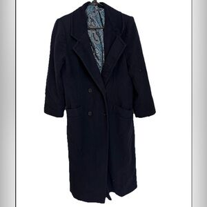 Vintage J.G. Hook Women's Navy Blue Long Merino Wool Overcoat, Paisley Lining